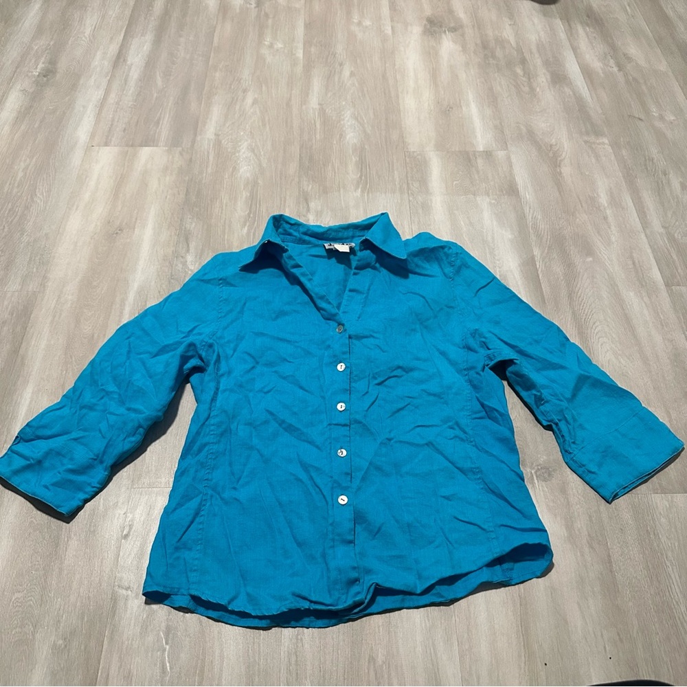 David N. Turquoise Blue %100 Linen Button Down Shirt Sz L